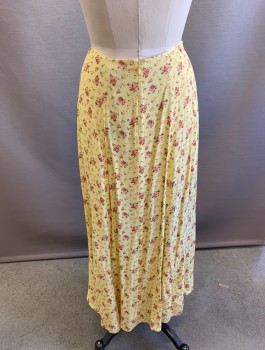 REFORMATION, Butter Yellow, Pink, Lt Pink, Brown, Viscose, Rayon, Floral, Crepe, Maxi Skirt, Tall Slit Up Front Side Seam, Invisible Zipper In Back, 90's Inspired