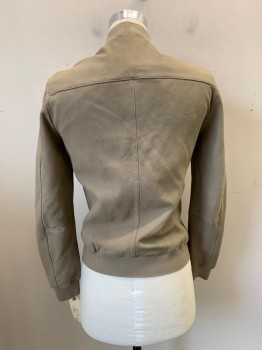 Mens, Leather Jacket, ALL SAINTS, Taupe, Leather, Solid, XS, Zip Front, 3 Zip Pockets, Rib Knit Collar,cuffs & Hem