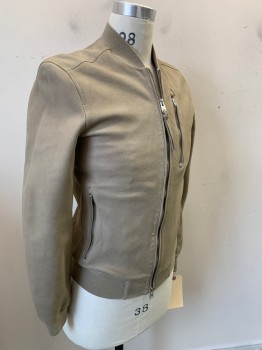 Mens, Leather Jacket, ALL SAINTS, Taupe, Leather, Solid, XS, Zip Front, 3 Zip Pockets, Rib Knit Collar,cuffs & Hem