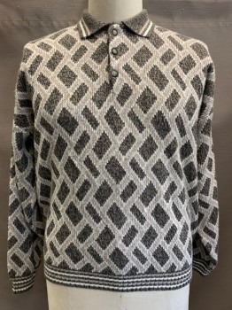 Mens, Sweater, BUGLE BOY, Beige, White, Gray, Acrylic, Argyle, Rectangles, C:50, Pullover, C.A., L/S, 1/4 B.F., 3 Buttons, Ribbed & White & Beige Stripes On Collar & Cuffs 