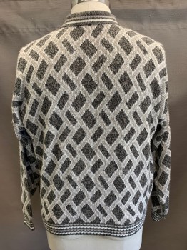 Mens, Sweater, BUGLE BOY, Beige, White, Gray, Acrylic, Argyle, Rectangles, C:50, Pullover, C.A., L/S, 1/4 B.F., 3 Buttons, Ribbed & White & Beige Stripes On Collar & Cuffs 