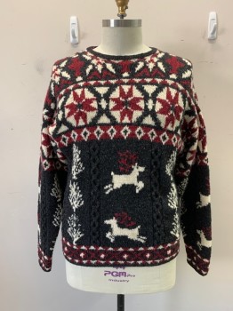 Mens, Sweater, WOOLRICH, Red Burgundy, Charcoal Gray, Cream, Blue, Green, Wool, Holiday, L, Christmas Themed, Reindeers and Snowflakes and Trees Pattern, Crew Neck, Pull Over