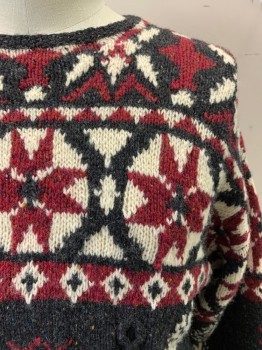 Mens, Sweater, WOOLRICH, Red Burgundy, Charcoal Gray, Cream, Blue, Green, Wool, Holiday, L, Christmas Themed, Reindeers and Snowflakes and Trees Pattern, Crew Neck, Pull Over