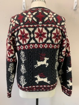 WOOLRICH, Red Burgundy, Charcoal Gray, Cream, Blue, Green, Wool, Holiday, Christmas Themed, Reindeers and Snowflakes and Trees Pattern, Crew Neck, Pull Over