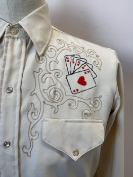Mens, Western Shirt, MILLER WESTERN WEAR, Cream, Multi-color, Polyester, Solid, Novelty Pattern, 34, 15.5, C.A., Snap Front, L/S, 2 Pckts, Cards Embroidery At Chest
