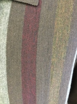 Mens, Sweater, N/L, Dk Brown, Gray, Red Burgundy, Brown, Wool, Stripes, Heathered, L, Button Front, Collar Attached, Heathered Stripe