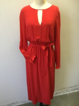 Womens, Dress, Long & 3/4 Sleeve, SEZANE, Red, Silk, Solid, 28, 38, Red with Red Lining, Round Neck with Cut-out Triangle Font Center, Long Sleeves with 1 Cover Button, Thin Elastic Waist Gathered, with SELF BELT, Zip Back, Flowy Skirt Below Knee