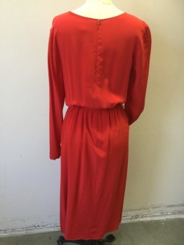 Womens, Dress, Long & 3/4 Sleeve, SEZANE, Red, Silk, Solid, 28, 38, Red with Red Lining, Round Neck with Cut-out Triangle Font Center, Long Sleeves with 1 Cover Button, Thin Elastic Waist Gathered, with SELF BELT, Zip Back, Flowy Skirt Below Knee