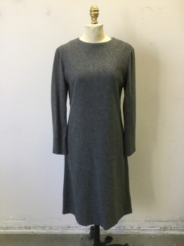 NL, Gray, Wool, Heathered, Crew Neck, Long Sleeves, Shift Dress, Zipper Center Back, Pleated Detail at Elbows for Shaping