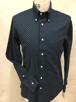 BROOKS BROTHERS, Navy Blue, Slate Blue, White, Cotton, Abstract , Floral, Navy W/tiny Slate Blue & White Dots Abstract Flower Print, Collar Attached, Button Down, Button Front, Long Sleeves, See Photo Attached,