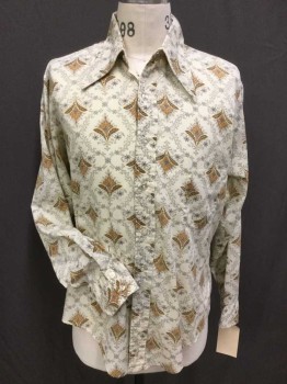 Mens, Casual Shirt, CARNABY SHOP, Cream, Gray, Brown, Goldenrod Yellow, Dk Gray, Cotton, Diamonds, Floral, 34, 15.5 , Collar Attached, Button Front, 1 Pocket, Long Sleeves,
