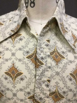 Mens, Casual Shirt, CARNABY SHOP, Cream, Gray, Brown, Goldenrod Yellow, Dk Gray, Cotton, Diamonds, Floral, 34, 15.5 , Collar Attached, Button Front, 1 Pocket, Long Sleeves,