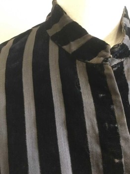 N/L, Black, Gray, Silk, Stripes - Vertical , Burnout Velvet Vertical Stripes, Stand Collar, Hidden Hook & Eye Closures At Front, Pleated Vent Detail At Center Back Waist, Lined with Brown Cotton Canvas, **Has Small Holes/Bits Of Wear Throughout, Aka Areas Where Velvet Pile Is Wearing Off,
