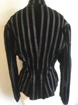 N/L, Black, Gray, Silk, Stripes - Vertical , Burnout Velvet Vertical Stripes, Stand Collar, Hidden Hook & Eye Closures At Front, Pleated Vent Detail At Center Back Waist, Lined with Brown Cotton Canvas, **Has Small Holes/Bits Of Wear Throughout, Aka Areas Where Velvet Pile Is Wearing Off,