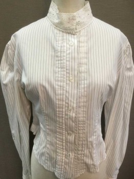 N/L, White, Blue, Cotton, Stripes - Pin, White with Blue Pinstripe, Long Sleeve Button Front, White Eyelet Stand Collar and Cuffs, Pleats At Center Front Button Placket, Pleated Vent At Center Back Hem, Made To Order,