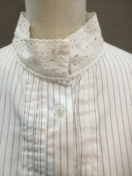 N/L, White, Blue, Cotton, Stripes - Pin, White with Blue Pinstripe, Long Sleeve Button Front, White Eyelet Stand Collar and Cuffs, Pleats At Center Front Button Placket, Pleated Vent At Center Back Hem, Made To Order,