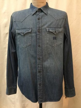 Mens, Western, DENIM & SUPPLY, Denim Blue, Cotton, Solid, L, Blue Chambray, Snap Front, Collar Attached, Long Sleeves, 2 Flap Pockets
