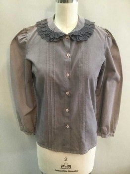 TOPSVILLE, Gray, Dk Gray, Cotton, Lace, Solid, Long Sleeve Button Front, Dark Gray Eyelet Peter Pan Collar with 2 Rows Of Ruffles, 3 Small Vertical Pleats (1/4" Wide) On Each Side Of Button Placket, Puff Sleeves with Gathered Shoulders, **Light/Sun Damage On Shoulders