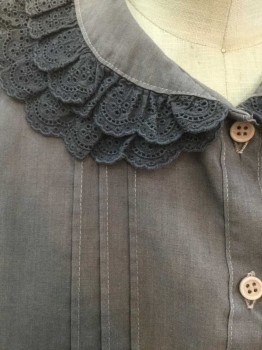 TOPSVILLE, Gray, Dk Gray, Cotton, Lace, Solid, Long Sleeve Button Front, Dark Gray Eyelet Peter Pan Collar with 2 Rows Of Ruffles, 3 Small Vertical Pleats (1/4" Wide) On Each Side Of Button Placket, Puff Sleeves with Gathered Shoulders, **Light/Sun Damage On Shoulders