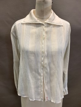 MTO, Ivory White, White, Blue, Black, Cotton, Stripes, Sheer Ivory, White/ Blue/ Black Stripes, White Collar Attached with Delicate Open Work, Closure Front, Long Sleeves,