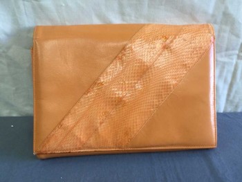 Womens, Purse, N/L, Orange, Leather, Solid, Reptile/Snakeskin, 7", 9", Snap Flap Close, Barcode in Inner Pocket, Diagonal of Reptile Skin Front Flap