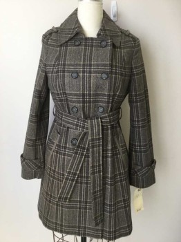 DKNY, Gray, Tan Brown, Brown, Taupe, Wool, Polyester, Plaid, Double Breasted, 2 Pockets, Belt Loops, Self Tie Belt, Epaulets, Button Tabs at Cuffs, Vinyl Trims