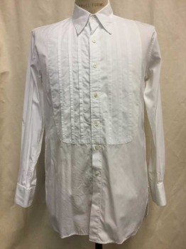 Mens, Formal Shirt, DOMETAKIS, White, Cotton, Solid, 15/33, Button Front, Collar Attached, Long Sleeves, Pleated Bib Front, Multiples, Made To Order,