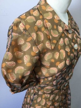 N/L, Charcoal Gray, Taupe, Rust Orange, Cream, Synthetic, Floral, Sheer Leafy Print Over Orange Slip, Shirt Waist, Collar Attached, Waistband Insert, Puffed Short Sleeves with Cuff, Side Zipper,  Repair Left Shoulder and Skirt