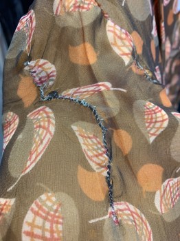 N/L, Charcoal Gray, Taupe, Rust Orange, Cream, Synthetic, Floral, Sheer Leafy Print Over Orange Slip, Shirt Waist, Collar Attached, Waistband Insert, Puffed Short Sleeves with Cuff, Side Zipper,  Repair Left Shoulder and Skirt