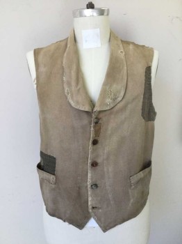 Mens, Historical Fiction Vest, N/L, Beige, Taupe, Olive Green, Cotton, Wool, Solid, Houndstooth, 40, Vagabond, Distressed Vest. Shawl Collar with Holes, 5 Button, Single Breasted, Various Patchwork Detail in Patterned Fabric. Cotton Front, Houndstooth Back. Adjustable Waist. Aged Cotton Lining with Holes at Neckline & Right Armhole