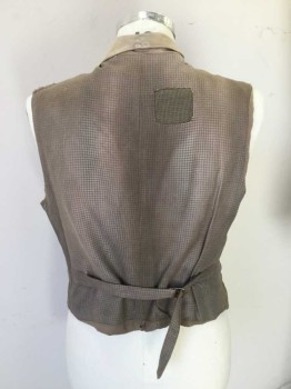 N/L, Beige, Taupe, Olive Green, Cotton, Wool, Solid, Houndstooth, Vagabond, Distressed Vest. Shawl Collar with Holes, 5 Button, Single Breasted, Various Patchwork Detail in Patterned Fabric. Cotton Front, Houndstooth Back. Adjustable Waist. Aged Cotton Lining with Holes at Neckline & Right Armhole