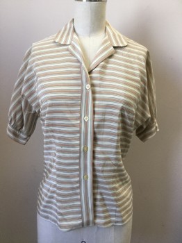 Womens, Blouse, SHIRT & SWEET, Lt Brown, Cream, Black, Silk, Stripes - Horizontal , B 30, B.F., Rounded Collar Attached, Dolman S/S, Gathered at Cuff, Small Hole Right Breast and Small Stain Below It