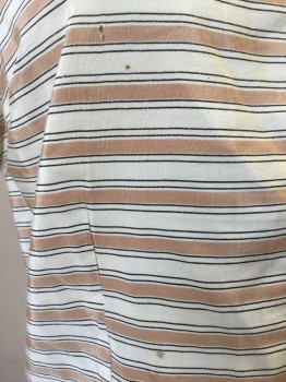SHIRT & SWEET, Lt Brown, Cream, Black, Silk, Stripes - Horizontal , B.F., Rounded Collar Attached, Dolman S/S, Gathered at Cuff, Small Hole Right Breast and Small Stain Below It