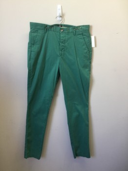 H&M, Green, Cotton, Elastane, Solid, F.F, Button Fly, 5 + Pockets, Belt Loops,