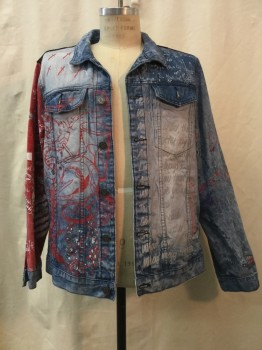 Mens, Jean Jacket, REASON, Blue, Red, Gray, Black, Cotton, Graphic, Abstract , L, Blue Denim, Black/red Patchwork Detail, Paint Splatter, Graphic Print, Button Front, Collar Attached, 4 Pockets, Distressed