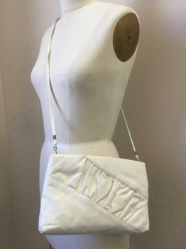 N/L, White, Vinyl, Solid, Snap and Zip Close, Long Skinny Strap, Rooched Panel