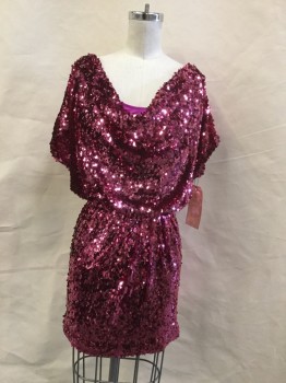 AQUA, Pink, Sequins, Solid, Oval Paillettes, Draped Cowl Front and Back Neck, Cap Sleeves, Elastic Waist, Mini, Attached Slip