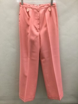 Womens, 1970s Vintage, Suit, Pants, COLLEGE TOWN, Salmon Pink, Polyester, Solid, W:26, High Waisted, Wide Leg, Cuffed Hems, Belt Loops Have Decorative Tabs with Peach Buttons, Zip Fly,