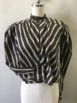 N/L MTO, Black, Cream, Cotton, Stripes, Dots, Black with Cream Stripes, Cream Dots in Between Stripes, Long Sleeves, Button Front, Stand Collar, Puffy Sleeves Gathered at Shoulders, V Shaped Yoke at Back Shoulders *Armpit Stains,