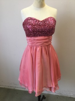 CINDY, Baby Pink, Hot Pink, Polyester, Sequins, Solid, Flamingo Pink Poly Satin with Hot Pink Sequinned Bustline, Strapless. Tiered Skirt Gathered to Waist. Zipper Center Back, with Matching Scarf
