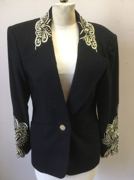 Womens, Blazer, LAWRENCE KAZAR, Black, Gold, Wool, Solid, Floral, W:30, B:36, Peaked Lapel, Gold Metallic Embroidery with Gold Bead Applique, One Button, Slit Pockets, Padded Shoulders