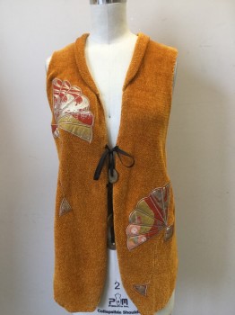 BALL OF COTTON, Orange, Rayon, Silk, Solid, Novelty Pattern, Turmeric Yellow Chenille Knitted Vest with Knitted Shawl Collar. Asian Fans Applique Made of Silk in Gold, Burnt Orange & Mustard Yellow. 2 Black Ribbon Ties with Faux Jade Chinese Coin Closures
