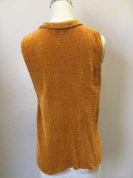 BALL OF COTTON, Orange, Rayon, Silk, Solid, Novelty Pattern, Turmeric Yellow Chenille Knitted Vest with Knitted Shawl Collar. Asian Fans Applique Made of Silk in Gold, Burnt Orange & Mustard Yellow. 2 Black Ribbon Ties with Faux Jade Chinese Coin Closures