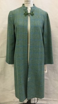 Womens, Coat, N/L, Jade Green, Moss Green, Turquoise Blue, Wool, Check , Grid , 38B, Single Breasted, 1 Frog Closure at Top, Band Collar,