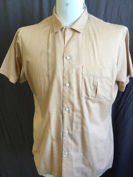 PAR FOUR, Tan Brown, White, Polyester, Cotton, Speckled, Collar Attached, Button Front, Short Sleeves, Pleated Pocket, White Speckles with Slashes