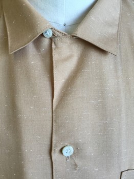 PAR FOUR, Tan Brown, White, Polyester, Cotton, Speckled, Collar Attached, Button Front, Short Sleeves, Pleated Pocket, White Speckles with Slashes