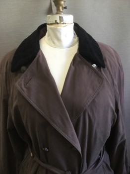 Womens, Coat, Trenchcoat, LONDON FOG, Brown, Black, Cotton, Polyester, Solid, Sz 16, XL, B 44, Black Velvet Quilted Collar and Cuffs, Double Breasted, Belt, Removable Charcoal Wool Lining