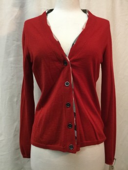 BURBERRY, Red, Wool, Solid, Red, Button Front, Beige/red/black/white Plaid Neck Trim