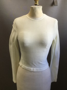 Womens, Top, HOUSE, Cream, Nylon, Elastane, Solid, M/L, Stretch Mesh, Crew Neck, Long Sleeves, Crop, Solid Waistband/Neck/Cuff
