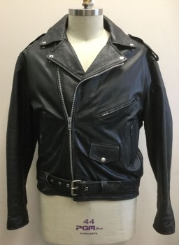 Mens, Leather Jacket, UNIK LEATHER APPAREL, Black, Leather, Solid, 50, Motorcycle Jacket with Off Center Zipper at Front, Self Belt with Silver Buckle Attached at Waist, 4 Pockets, Epaulettes at Shoulders